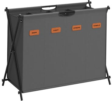 SONGMICS Wäschekorb, Wäschesammler 155 Liter, Wäschebox, 4 Fächer, klappbares X-Gestell, individuelle Etiketten, für Waschküche, Schlafzimmer, Badezimmer, schiefergrau LCB140G01