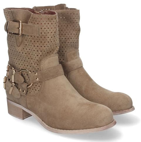 82461-Botines de Mujer con Tacon Bajo y Adornos de Hebillas, Estilo Casual, Cana Calada, Cremallera Lateral, Punta Redonda, Toda Ocasion. Talla 37 Kaki