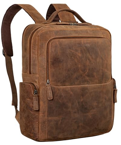 STILORD 'Gino' Mochila de cuero empresarial para hombres y mujeres gran mochila portátil vintage de 15,6-17 pulgadas mochila de día el trabajo de oficina, Color:bergamo - marrón