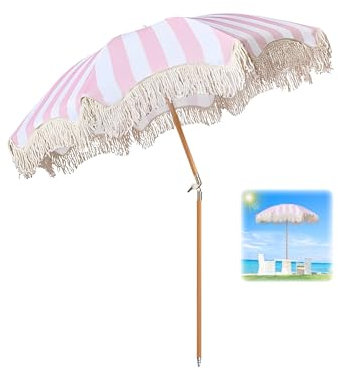 Parasol Plage Pliable 180cm Rose Parasol De Jardin Exterieur Parasol Terrasse Anti Uv Parasol Balcon Avec Frange Parasol De Marché Inclinable Anti Vent Pour Jardin Terrasse Cour Et Piscine/Sac De Tran