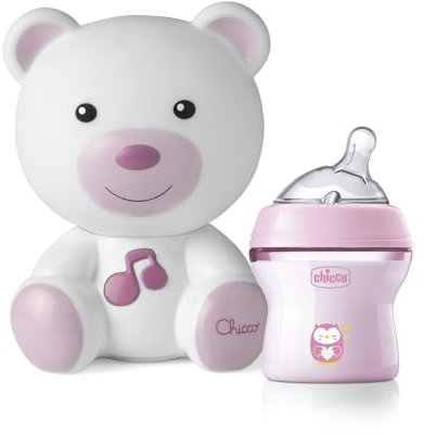 Chicco Set Luce Notte e Biberon NF 150ml, Lampada Portatile a Forma di Orso con Musica e Suoni Rilassanti, Biberon Anticolica da 150 ml, con Tettarella in Silicone Morbida e Flessibile, Rosa, 0 Mesi+