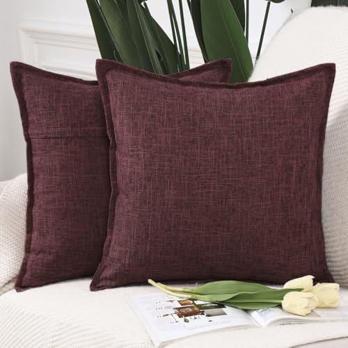 Madizz 2er Set Polyester- Leinen Kissenbezügen Weiche dekorative Kissenbezüge für Sofa Schlafzimmer Kissenhülle Burgunderrot 60x60 cm Quadrat