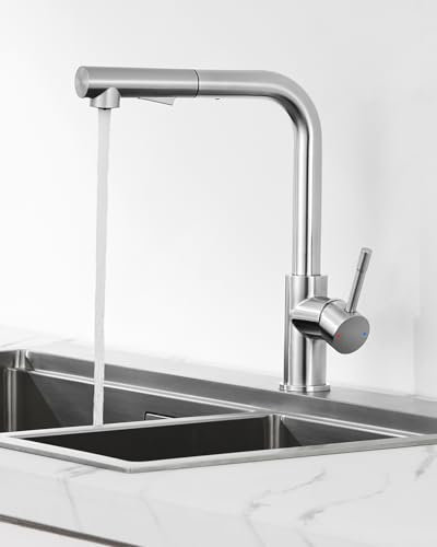 ANYCEE Hochdruck Wasserhahn Küche, 360° Schwenkbar Mischbatterie Ausziehbar, Küchenarmatur mit Brause Zwei Wasserstrahlarten, Armatur Küche Gebürstet
