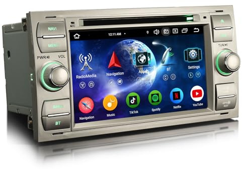 Erisin 8-Core 4GB+64GB Android 14 GPS Navegación DVD Estéreo de Automóvil para Ford C-Max S-Max Focus Galaxy Kuga Connect Fiesta Transit 7 IPS Soporte CarPlay Android Auto DSP Bluetooth 5.0 WiFi Dab+