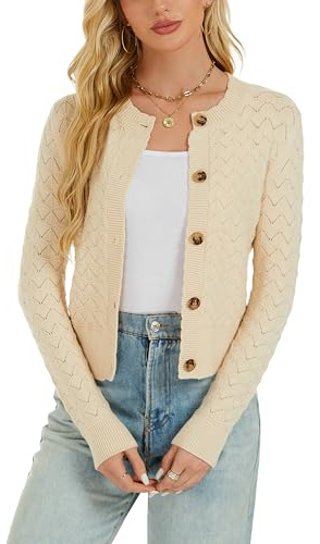 Bolero Mujer Cardigan Corto Hueco Grueso Chaqueta de Punto Manga Larga con Botones Rebecas Cuello Redondo Antiguo Básico Clásico Beige XL