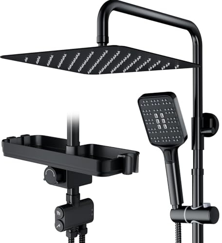 Rainsworth Duschsystem mit Ablage Schwarz - 30 X 30cm eckig Regendusche und 3 Strahlarten Duschkopf, mit Umsteller aus Messing,Duschsäule Duschset für Dusche ohne Armatur | Rainsworth 12 Zoll Duschsäule Duschset für Dusche ohne Armatur, Handbrause mit 3 Strahlarten, Eckige Regendusche Edelstahl