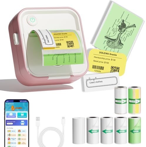 DOLEWA Mini Drucker, Tragbarer Thermodrucker mit 7 Rollen Aufklebern, Aufkleberbreite Einstellbar 12–57 mm, Compatible with Smartphone und Tablet, für Lernen, Bilder,Quittungen,to-Do-Listen (Rosa)