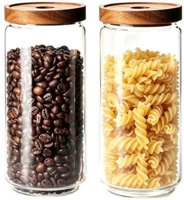 Glass Jars with Airtight Wood Lids - 1000 ML Kitchen Pantry Storage Containers, Decorative Canister for Fusilli, Spaghetti, Pasta, Sugar, Coffee Beans, Cereal, Oats, Cookie, Candy, Tea, Nuts, Set of 2