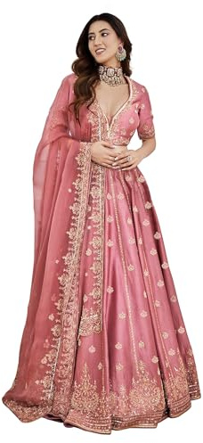 TRENDMALLS Women 's Satin Embroidery Sequence Work Lehenga Choli Set with Dupatta For Women Ready to wear (L257-DarkPeach-XL)
