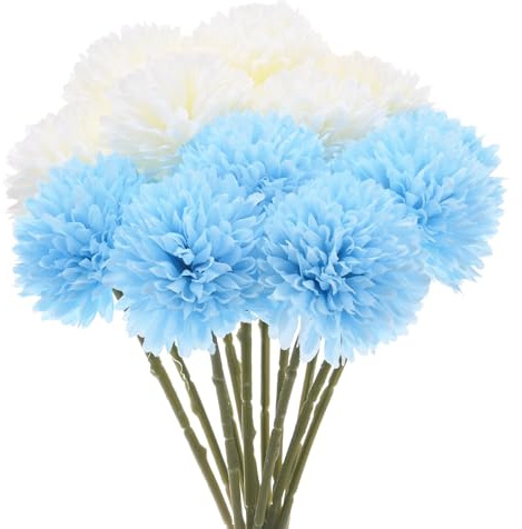 M METERXITY 12-Pack Artificial Chrysanthemum Ball Flowers,11 Inch Faux Chrysanthemum Silk Bouquets Real Touch Faux Flowers for Home/Wedding/Christmas/Party[Cream White,Light Blue]