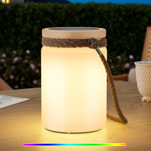 uuffoo Solar Table Lamp Lantern Waterproof LED Outdoor Cordless IP44 RGB and Warm White Dimmable for Patio Camping Restaurant Terrace​​ By the Pool
