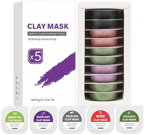 10 Pods Clay Facial Mask Set, Peel Off Maske Gesicht mit Green Tea, Eggplant, Rose, Dead Sea Mud, Avocado, Tiefenreinigung Maske für Frauen, Face Mask Hautpflege Geschenkset für Damen
