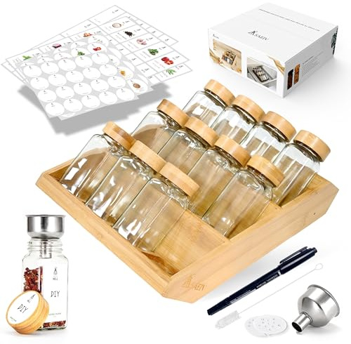 SAEIV 12 Pièces Bocaux Épices en Verre Borosilicaté Sans BPA, Pot à Epices en Verre et Bois Naturel avec Range Epices Cuisine Tiroir, Porte-Épices Étagère à Épices Inclinée Idéal pour Épices Rangement