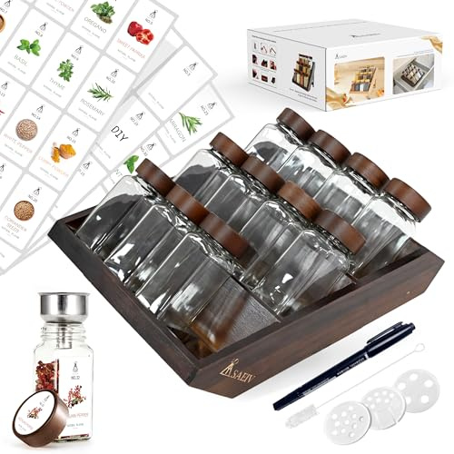 DSUID 2-in-1 Wooden Spice Rack Set，Includes 12 x 120ml Spice Jars and 1 Wooden Spice Rack Organiser，Airtight Spice Jars with Wooden Lids，Kitchen Countertop Spice Storage Rack，Spice Drawer Organiser