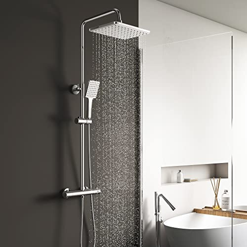 YOOZENA Thermostatic Shower Mixer Set,Overhead Rainfall Shower,Handheld Shower,Shower Mixer Bar,Height Adjustable Shower System