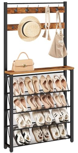 HOOBRO Coat Rack with Shoe Storage, Narrow Shoe Rack with Coat Rack and 9 Hooks, 5 Tier Slanted Storage Shelves, Coat Stand for Hallway, Entryway, Metal Frame, Sturdy, Rustic Brown EBF20MT01