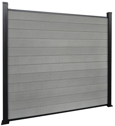 Floordirekt Gartenzaun 180x180cm mit Aluminium Pfosten - WPC Zaun Komplettset Kronos - Sichtschutzzaun - Windschutz Sichtschutz für Terrasse & Garten - Inklusive Montagematerial (Stone Grey)