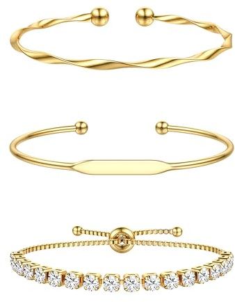 Krfy 3Stück Armband Damen Gold 14K Vergoldet Armreif Gold Armbänder Set Verstellbare Stapelarmbänder Armreifen Tennis Armbänder Wasserfest Edelstahl Armband Set