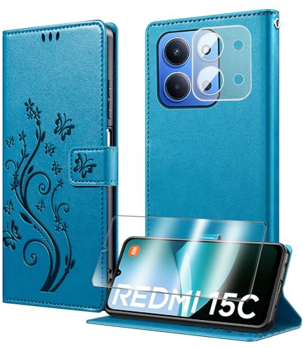 MQERYBV Funda para Xiaomi Redmi 15C (4G/ 5G),Protector Pantalla y 1 Protector Lente Cámara,Carcasa Libro con Tapa Piel Cuero PU de Calidad Soporte Plegable Ranuras para Tarjetas Magnético Case - Azul