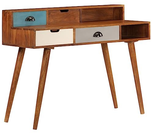 Scrivania in legno massello di acacia 110 x 50 x 90 cm, finitura miele scuro, scrivania per computer da ufficio con 4 cassetti e 2 ripiani, moderno tavolo da lavoro per casa, ufficio e camera da letto