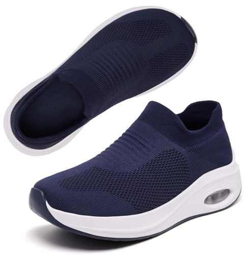 Wide Fit Womens Slip On Trainers Arch Support Ladies Trainers Plantar Fasciitis Orthopedic Shoes Air Cushion Comfortable Breathable Mesh Non Slip Gym Sneakers Navy 7 UK