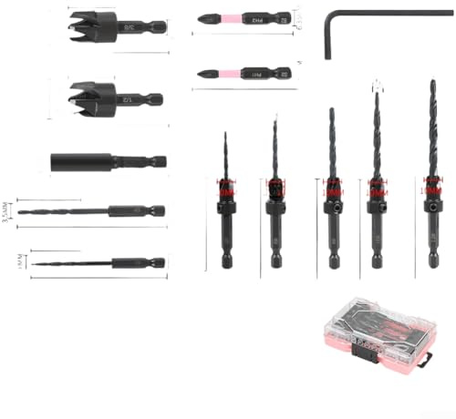 Juego de brocas para carpintería, 14 piezas, 12 piezas, avellanador, incluye taladro helicoidal y brocas de acero al carbono con vástago hexagonal para una fijación segura y extracción de virutas (12