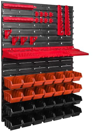 Systeme de rangement mural de garage avec 28 boîtes empilables, 49 Pièce Étagères de rangement avec panneaux perforés, crochets et bacs empilables pour outils, vis et clous (49 Pièces)