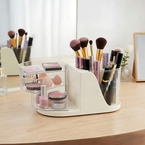 Make up Organizer mit 360° Drehbarer Pinsel Organizer, Kosmetik Organizer mit 3 Schubladen, Multifunktionale Große Lagerung Kosmetik Aufbewahrungsbox, Kosmetikregal für Dresser Schlafzimmer Bad (Weiß)