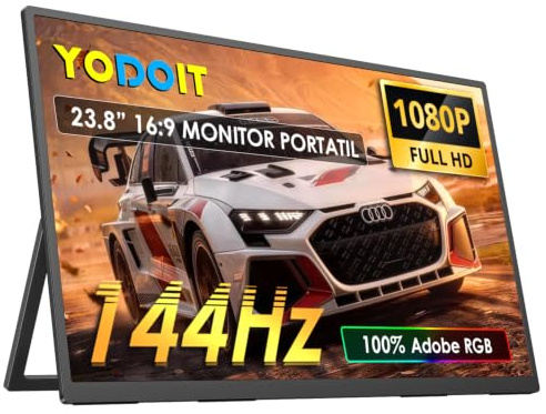 Yodoit 144 Hz bärbar bildskärm 23 tum, 1920 × 1080 P FHD skärm med hög uppdateringsfrekvens med kickstand, IPS-skärm med USB typ C-port och inbyggda högtalare, kompatibel med PC, bärbar dator, MacBook