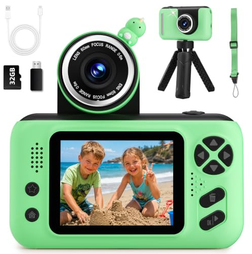 Appareil Photo Enfant 3-12 Ans HD avec Écran | Caméra Numérique Selfie, Mini Trépied et Carte 32Go, Jouet Éducatif pour Fille et Garçon