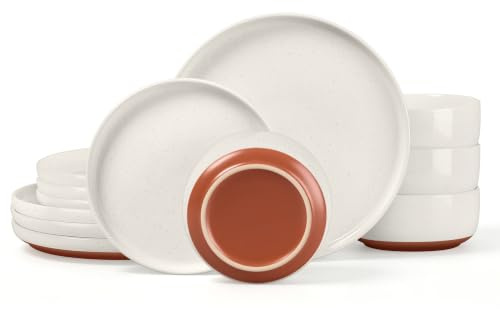 Herogo 12 Pieces Reactive Glaze Dinner Set Service for 4 - Creamy White | Dishwasher Safe, Scratch Resistant, Stoneware Dinnerware Set Speckled Plate and Bowl Set with Auburn Red Bottom