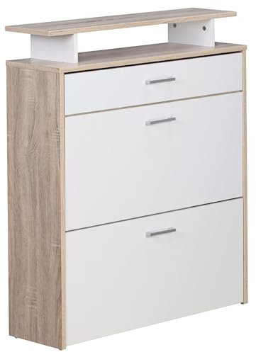 FineBuy Schuhkipper Holz 80x95x24 cm Modern Sonoma Eiche, Design Schuhregal Schuhkipper Schmal, Schuhschrank Schuhaufbewahrung mit Schublade, Flurschrank Schuhablage Regal