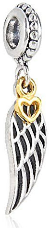 Skyddsängel vinge berlock äkta 925 sterling silver fjäder hänge pärla passar europeisk stil armband Dangling Angel Wings with Gold Heart Charm