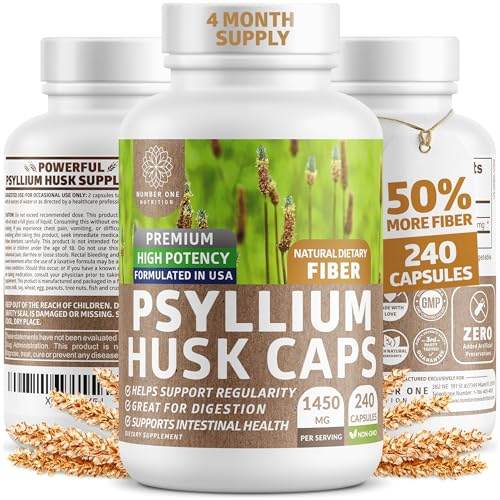 Number One Nutrition N1N Premium Psyllium Husk Capsules [All Natural,1450 MG] Powerful Soluble Fiber Supplement to Support Regularity and Digestive Health, 240 Caps