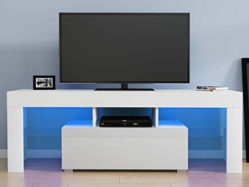 Panana Modern 130cm TV Stand Unit Cabinet with LED Lights High Gloss Fronts TV Entertainment Cabinet with Storage Drawer and Shelves for Living Room White