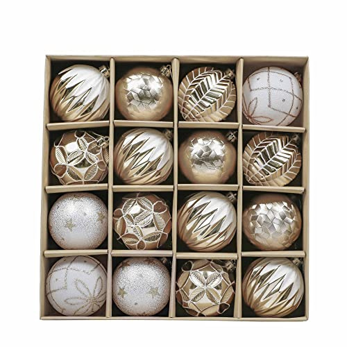 Valery Madelyn Weihnachtskugeln 16 TLG. 8cm Plastik Christbaumkugeln Set Christbaumschmuck für Weihnachtsbaum Dekoration Weihnachtsdeko Hausdeko Elegant Thema Gold Weiss