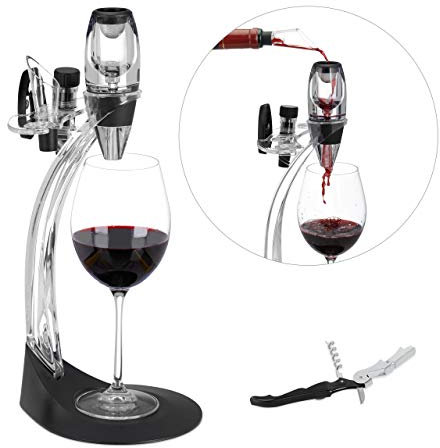 Relaxdays Set di accessori, per l’Areazione del Vino, con Supporto, Apribottiglie, Tappo, Taglia Capsule, Colino, Nero