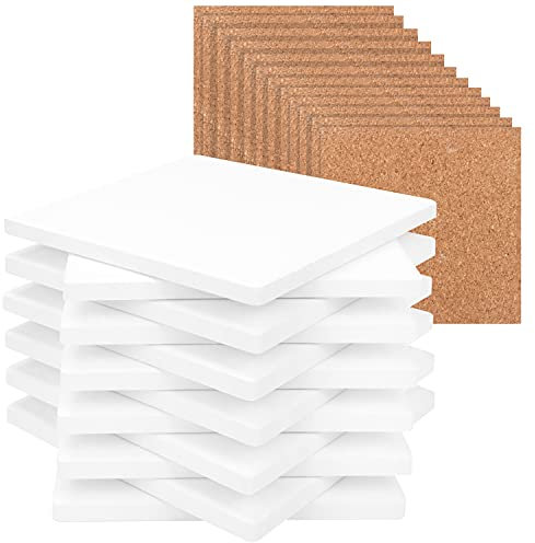 Belle Vous Square White Ceramic Coasters (12 Pack) - 10 x 10cm / 3.94 x 3.94 Inches - Unglazed Coaster Blanks Tiles & Cork Backing Pads - DIY Crafts, Acrylic Pouring, Alcohol Ink & Art Projects