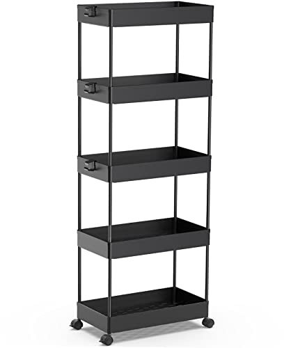 SPACEKEEPER Küchenwagen mit 5 Ebenen, Rollwagen Nischenregal auf Rollen, platzsparendes Badregal und Küchenregal für Küche Büro Bad, 113 x 40 x 22cm, Schwarz