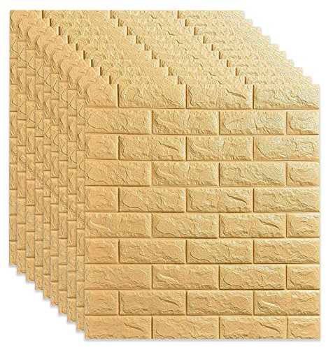 URCheers 10 Stück 3D Tapete Wandpaneele Selbstklebend, Nachahmung Ziegelmuster Kindergarten Hintergrund Wanddekoration Feuchtigkeitsbeständige Tapeten für Badezimmer Balkon Küchen, 77 x 70 cm (Beige)