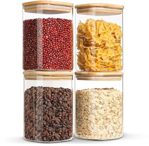 ComSaf 1100ml Glass Storage Jars with Bamboo Lid, Clear Food Storage Container Jar with Sealing Lid for Noodles Flour Cereal Rice Sugar Tea Coffee Beans, Set of 4