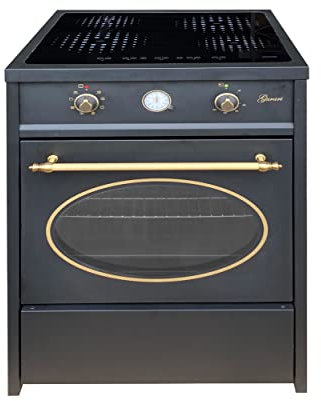 GURARI Induktionsherd mit Backofen 60 cm GCH E 612 BL r + Grillplatte aus Gusseisen | Retro Range Coocker |4 Kochzonen mit Booster (2 Kreise Kochzonen + 1 Flex Zone)| Herd Induktion in Schwarz