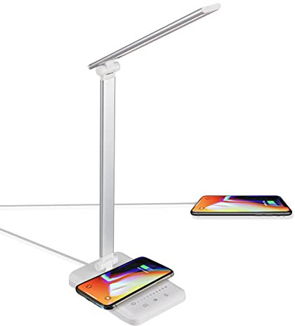 TEKLED® LED Desk Lamp with Wireless Charger | 5-Level Dimmable Flexible Gooseneck | Capacitive Touch Switch | USB Charging Port | Eye Protection Bedside Reading Office Work Students | 10W 42 LED 350LM