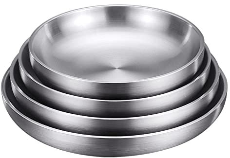 BAILEYU Acero Inoxidable Platos Hondos Doble Capa Anti-escaldado Vajilla de Restaurante para Bistec Postre Ensalada Refrigerio, 18/8 (304), Juego de 4 Tamaños Diferentes