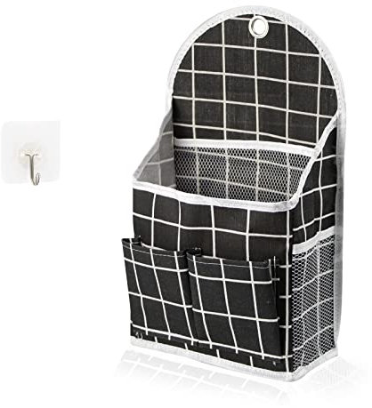 FuninCrea Bolsa de Almacenamiento para Colgar, Organizador Colgante con 6 Bolsillos, Bolsa Colgante Pared de Lino, Pared Colgando Almacenamiento Bolso con 1 Gancho para Colgar para Dormitorio (Negro)