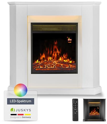 Juskys camino elettrico 1000/2000 W con riscaldamento, fuoco di camino, effetto fiamma, telecomando, illuminazione a LED e timer - Camino elettrico angolare bianco