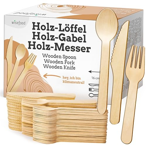 Wisefood Holzbesteck Set, 100 Holzgabeln, 100 Holzmesser, 100 Holzlöffel, 300-teiliges Einwegbesteck Set 16,5cm, Biologisch abbaubares und splitterfreies Partybesteck