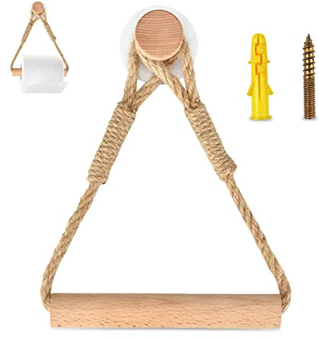 Ceisazira Porta Carta Igienica, Portarotolo Autoadesivo da Muro Vintage Stile Registro, in Corda di Canapa Porta Asciugamani Bagno In Legno Naturale