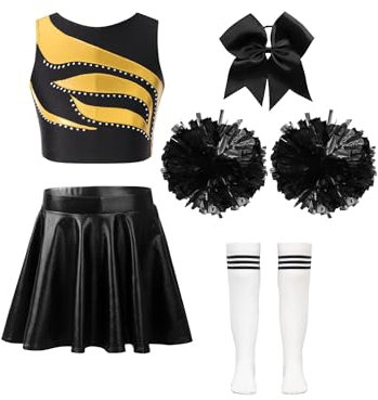 Jugaoge Mädchen Cheerleading Tanz Kleidung Set Streifen Crop Top und Metallic Faltenrock Glitzer Pompons Kniestrümpfe Bowknot Haarclip Cosplay Outfits A Gold&&Weiß 158-164