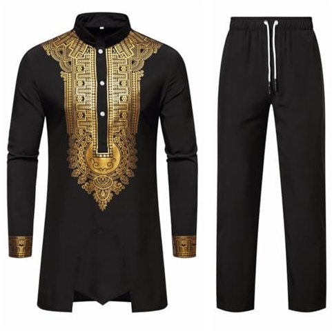 Africano Dashiki per abiti da uomo in oro camicia da ricamo e pantaloni Set abiti africani 2 pezzi vestito tradizionale metallizzato timbro oro stampato abbigliamento tribale